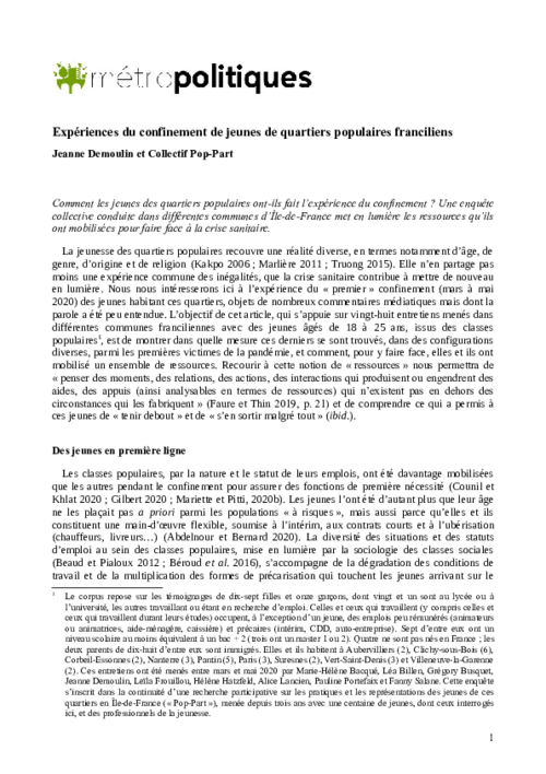 [pdf] Expérience du confinement des jeunes de quartiers populaires franciliens